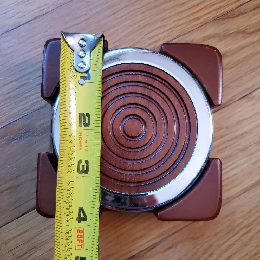 Williams Sonoma wood and metal round coaster set of four with‎ holder